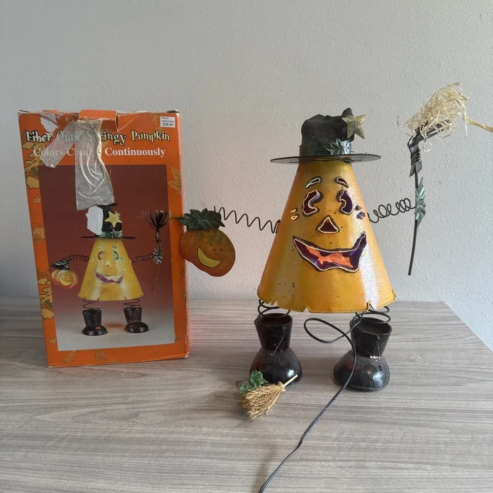 Vintage Fiber Optic Springy Pumpkin Collie Changing Halloween Decor W Box Tested